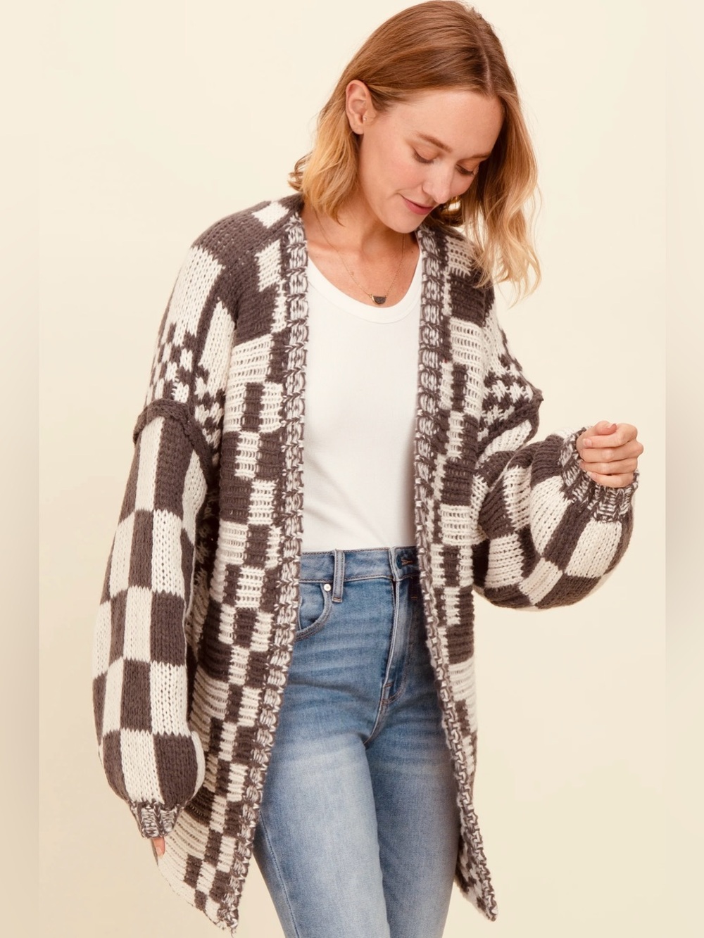 Bibi Chunky Checkered Cardigan Boho Oversized Puff Sleeve Knitted Shabby Chic
